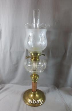 Antique Victorian Brass And Cut Glass Duplex Oil Lamp & Etched Tulip Shade