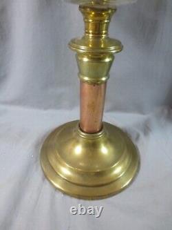 Antique Victorian Brass And Cut Glass Duplex Oil Lamp & Etched Tulip Shade