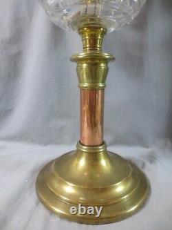 Antique Victorian Brass And Cut Glass Duplex Oil Lamp & Etched Tulip Shade