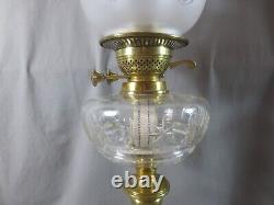 Antique Victorian Brass And Cut Glass Duplex Oil Lamp & Etched Tulip Shade