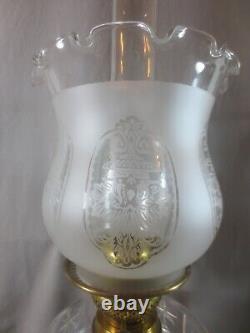 Antique Victorian Brass And Cut Glass Duplex Oil Lamp & Etched Tulip Shade