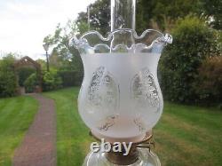 Antique Victorian Brass And Cut Glass Duplex Oil Lamp & Etched Tulip Shade