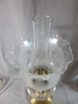 Antique Victorian Brass And Cut Glass Duplex Oil Lamp & Etched Tulip Shade