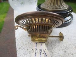 Antique Victorian Brass And Cut Glass Duplex Oil Lamp & Etched Tulip Shade