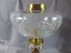 Antique Victorian Brass And Cut Glass Duplex Oil Lamp & Etched Tulip Shade