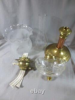 Antique Victorian Brass And Cut Glass Duplex Oil Lamp & Etched Tulip Shade