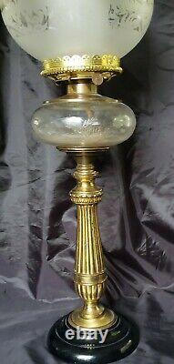 Antique Victorian Brass Banquet Parlor Oil Lamp withACID ETCHED SHADE P&A BANNER