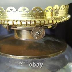 Antique Victorian Brass Banquet Parlor Oil Lamp withACID ETCHED SHADE P&A BANNER