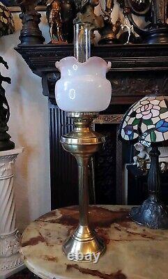 Antique Victorian Brass Column Oil Lamp Brass Font Duplex burner Tulip Shade