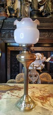 Antique Victorian Brass Column Oil Lamp Brass Font Duplex burner Tulip Shade