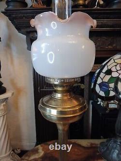 Antique Victorian Brass Column Oil Lamp Brass Font Duplex burner Tulip Shade