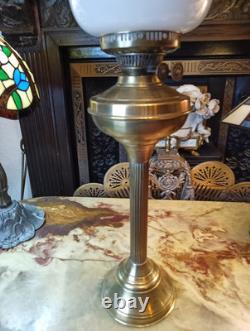 Antique Victorian Brass Column Oil Lamp Brass Font Duplex burner Tulip Shade