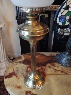 Antique Victorian Brass Column Oil Lamp Brass Font Duplex burner Tulip Shade