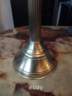 Antique Victorian Brass Column Oil Lamp Brass Font Duplex burner Tulip Shade