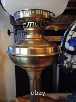 Antique Victorian Brass Column Oil Lamp Brass Font Duplex burner Tulip Shade