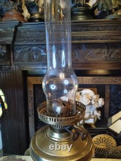 Antique Victorian Brass Column Oil Lamp Brass Font Duplex burner Tulip Shade