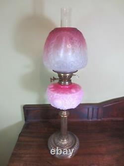 Antique Victorian Brass & Cranberry Glass Oil Lamp With Original Shade