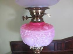 Antique Victorian Brass & Cranberry Glass Oil Lamp With Original Shade