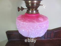Antique Victorian Brass & Cranberry Glass Oil Lamp With Original Shade