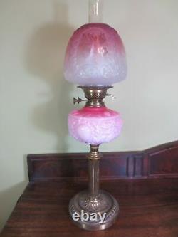 Antique Victorian Brass & Cranberry Glass Oil Lamp With Original Shade