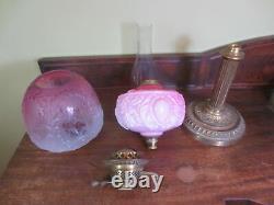 Antique Victorian Brass & Cranberry Glass Oil Lamp With Original Shade