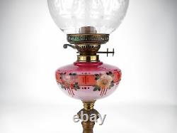 Antique Victorian Brass Duplex Oil Lamp with Pink Hand Painted Font Etched Shade