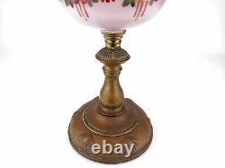 Antique Victorian Brass Duplex Oil Lamp with Pink Hand Painted Font Etched Shade