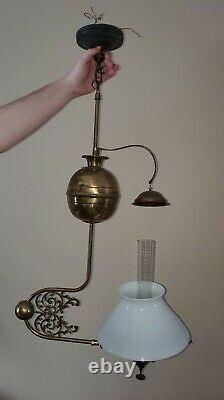 Antique Victorian Brass Hanging Gas Oil Lamp Electrified Glass Globe & Chimney