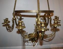 Antique Victorian Brass Hanging Oil Lamp Chandelier Candelabra 53.5H x30.5W