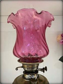 Antique Victorian Brass Oil Lamp with Cranberry Coloured Glass Shade