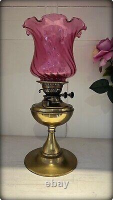 Antique Victorian Brass Oil Lamp with Cranberry Coloured Glass Shade