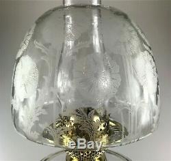 Antique Victorian Brass and Cut Glass Oil Lamp with Acid-etched Beehive Shade