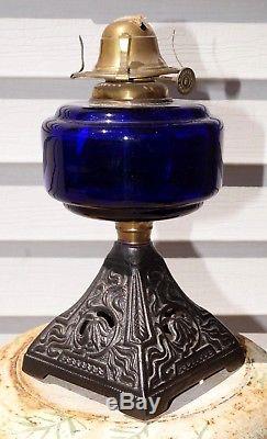 Antique Victorian COBALT BLUE GLASS FONT Duplex Oil Table Lamp GWTW Hurricane