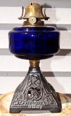 Antique Victorian COBALT BLUE GLASS FONT Duplex Oil Table Lamp GWTW Hurricane