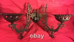 Antique Victorian Cast Iron Double Oil Lamp Wall Mount with Bracket Pat. 1871 79