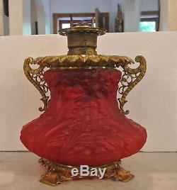 Antique Victorian Cherise Red Primrose Parlor Vase Oil Lamp Circa 1902