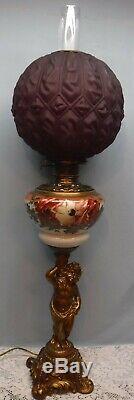 Antique Victorian Cherub Brass Banquet Hand Painted GWTW Oil Lamp Electrified