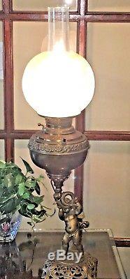 Antique Victorian Cherub Figural Juno Oil Lamp Etched Crane Globe Electrified
