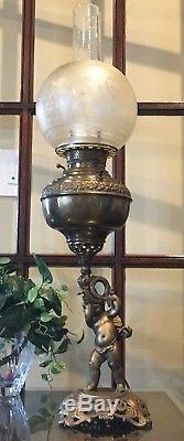Antique Victorian Cherub Figural Juno Oil Lamp Etched Crane Globe Electrified