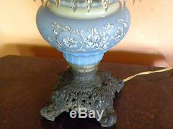 Antique Victorian Converted Oil Lamp Hand Painted Swirl Design Hanging Crystals