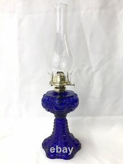 Antique Victorian Coolidge Drape Oil Lamp Cobalt Blue Glass, Waterfall Bellevue