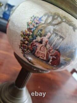Antique Victorian Crackle Glaze Ceramic Brass Oil Lamp For Parts Or Repair