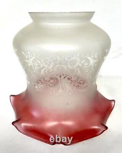 Antique Victorian Cranberry Acid Etched Glass Gas Oil Lamp Shade PAIR AVAILABLE