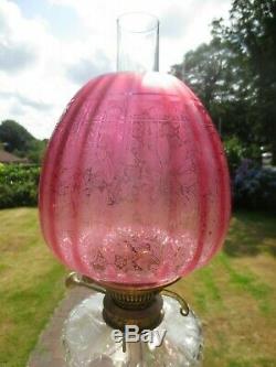 Antique Victorian Cranberry Acid Etched Parafin Kerosene Oil Lamp Duplex Shade