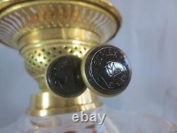 Antique Victorian Cranberry Cut Glass & Brass Oil Lamp Original Etched Shade