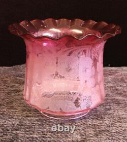 Antique Victorian Cranberry Frilled Oil Lamp Shade