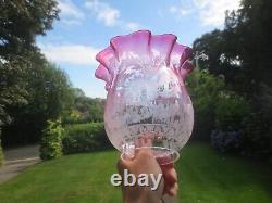 Antique Victorian Cranberry Glass Acid Etched Tulip Oil Lamp Shade 3 Fitter