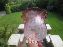 Antique Victorian Cranberry Glass Acid Etched Tulip Oil Lamp Shade 3 Fitter