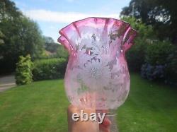 Antique Victorian Cranberry Glass Acid Etched Tulip Oil Lamp Shade 3 Fitter