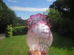 Antique Victorian Cranberry Glass Acid Etched Tulip Oil Lamp Shade 3 Fitter